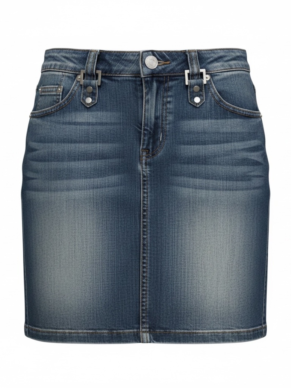 Miss Jeaniest Denim Mini Skirt Sz 9/10 Vintage Whiskered Grommets Pockets